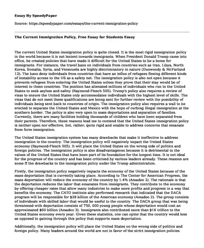 The Current Immigration Policy, Free Essay for Students