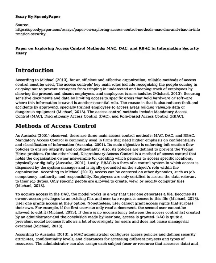 Paper on Exploring Access Control Methods: MAC, DAC, and RBAC in Information Security