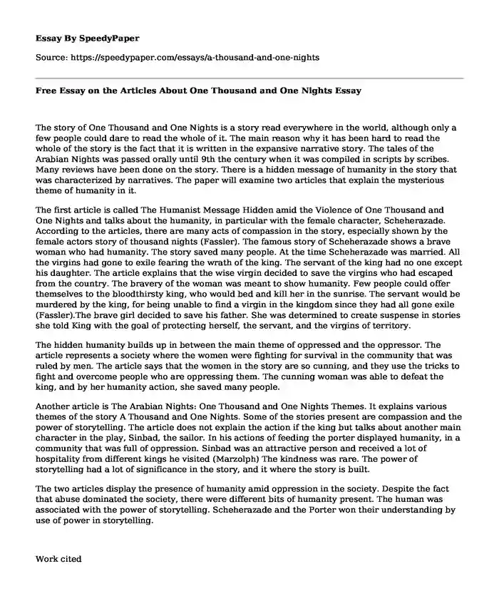 Free Essay on the Articles About One Thousand and One Nights