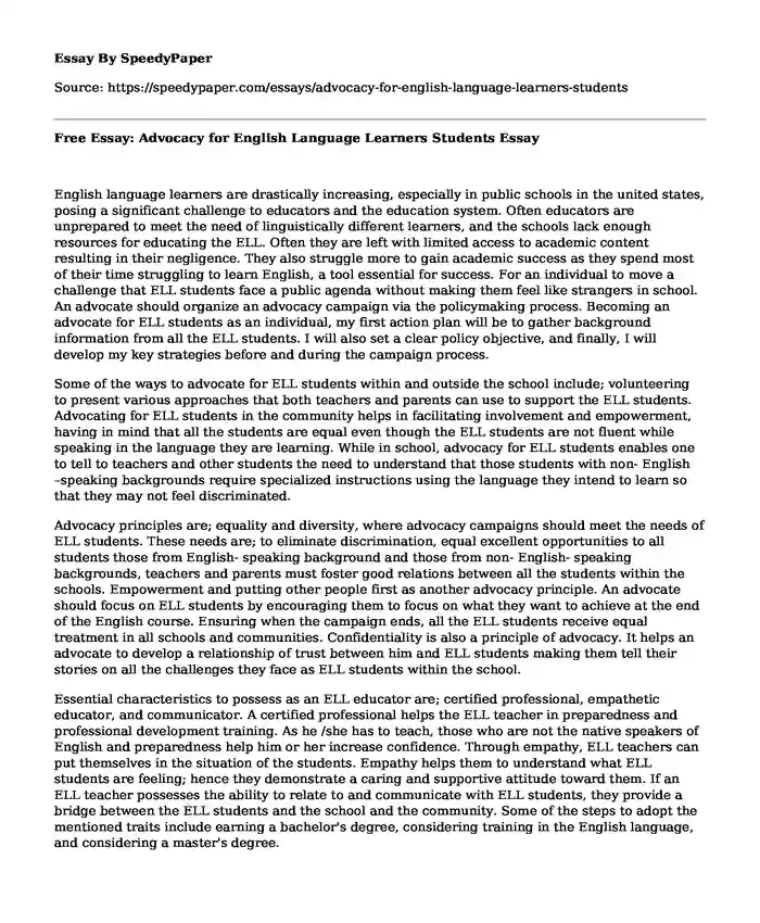 Free Essay: Advocacy for English Language Learners Students