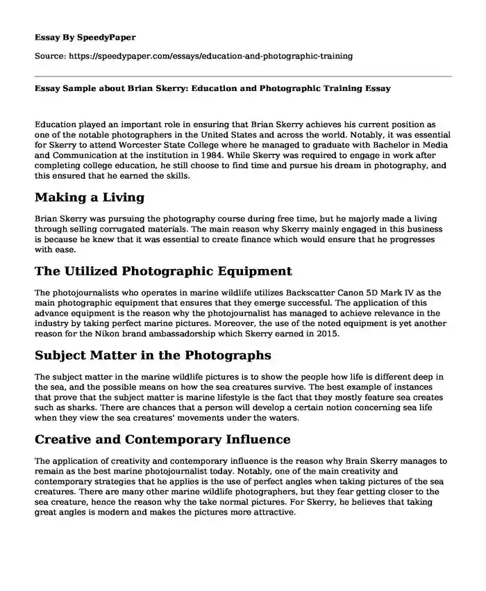 Essay Sample about Brian Skerry: Education and Photographic Training