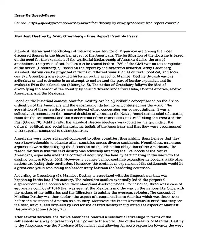 Manifest Destiny by Army Greenberg - Free Report Example