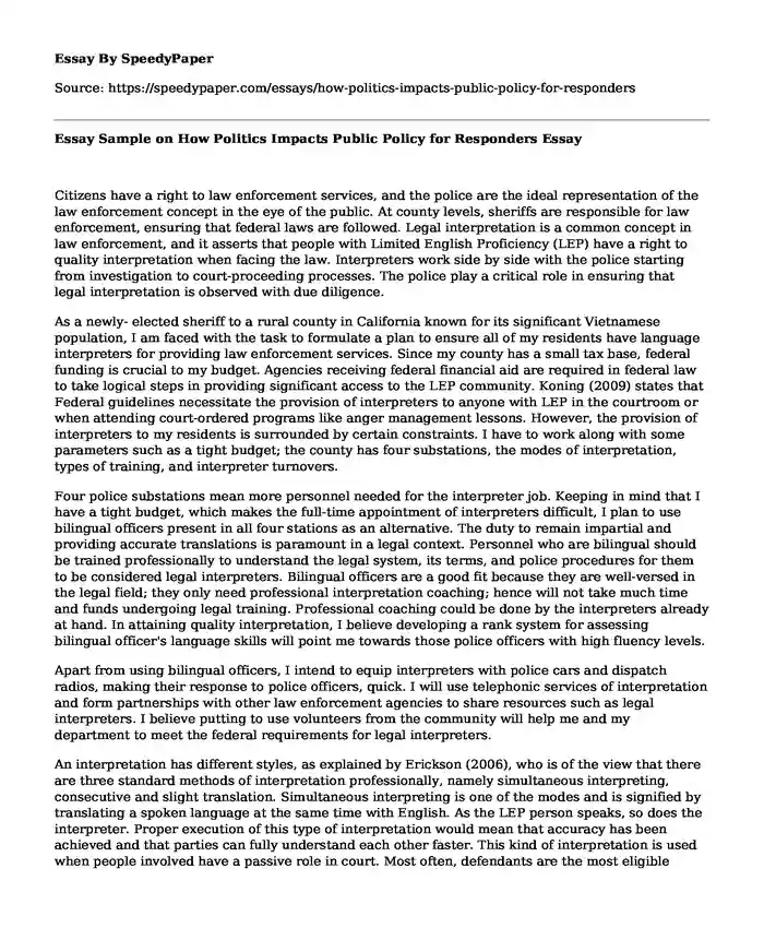 Essay Sample on How Politics Impacts Public Policy for Responders