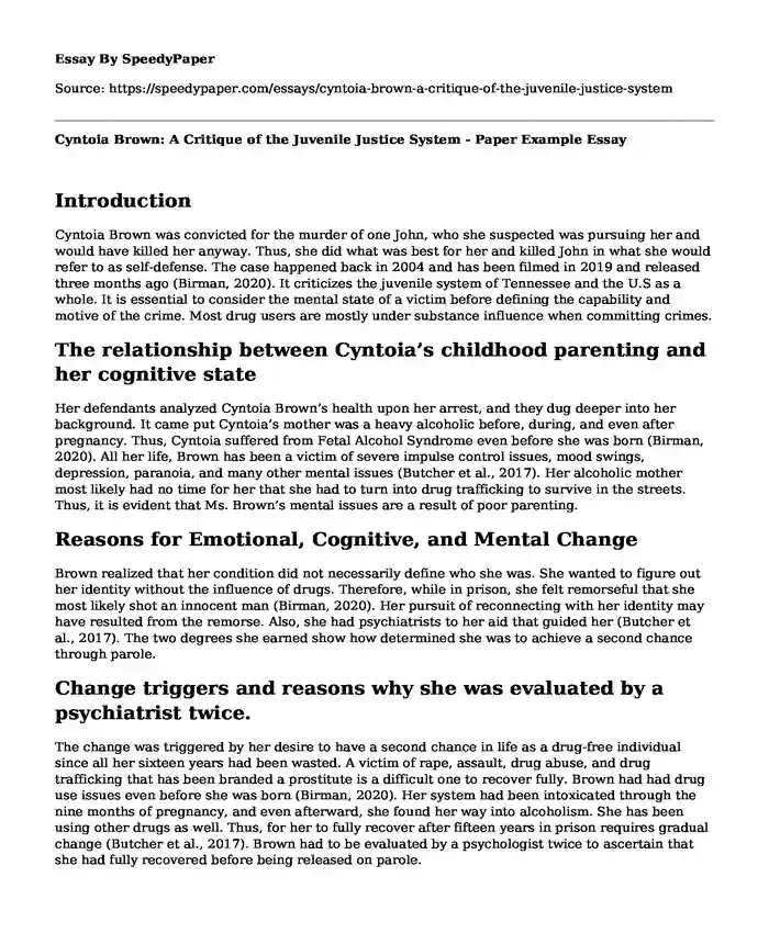 Cyntoia Brown: A Critique of the Juvenile Justice System - Paper Example