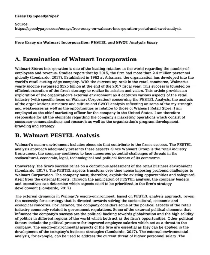 Free Essay on Walmart Incorporation: PESTEL and SWOT Analysis