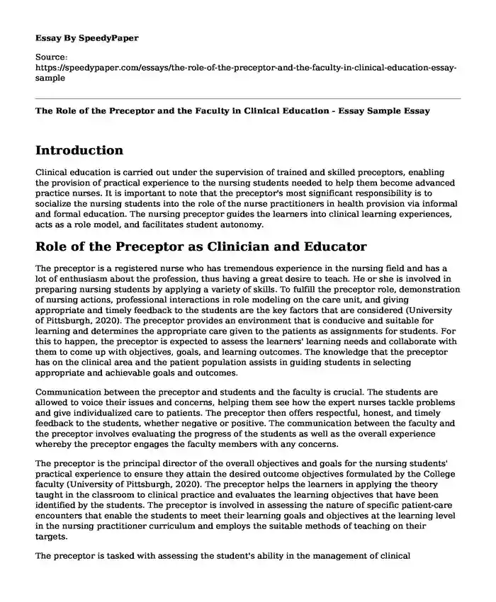 The Role of the Preceptor and the Faculty in Clinical Education - Essay Sample