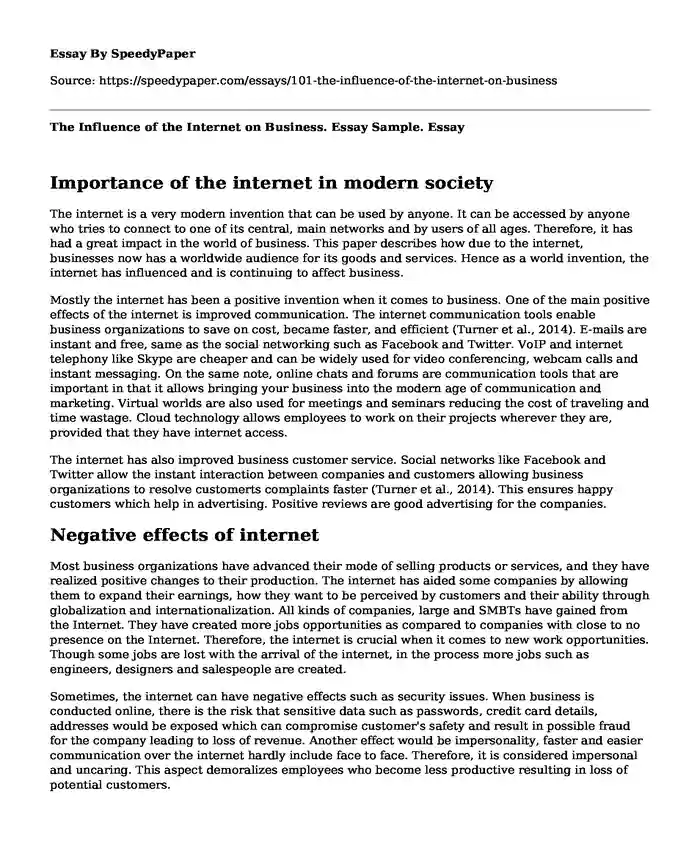 The Influence of the Internet on Business. Essay Sample.