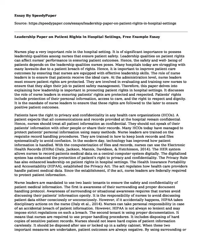 Leadership Paper on Patient Rights in Hospital Settings, Free Example
