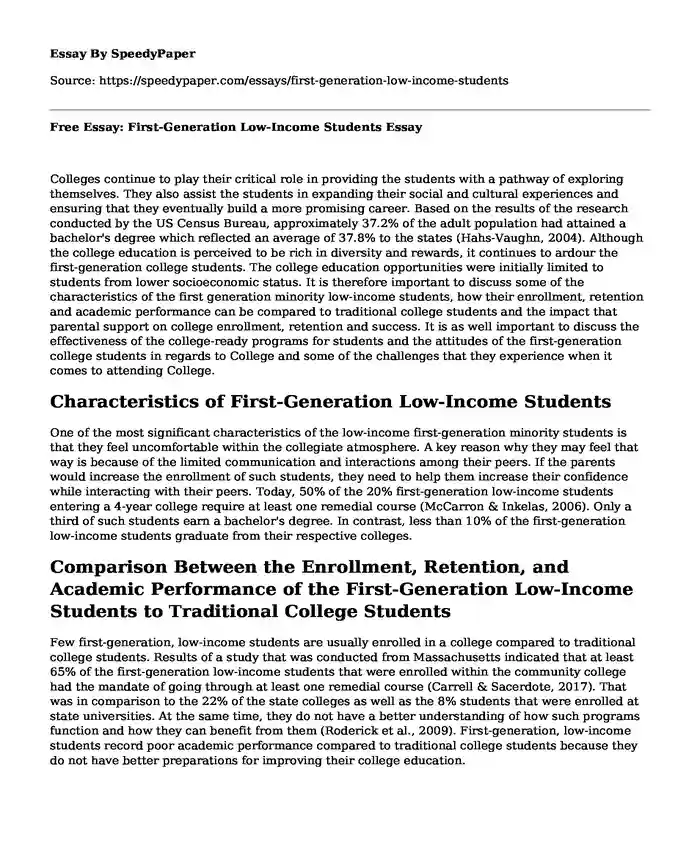 Free Essay: First-Generation Low-Income Students