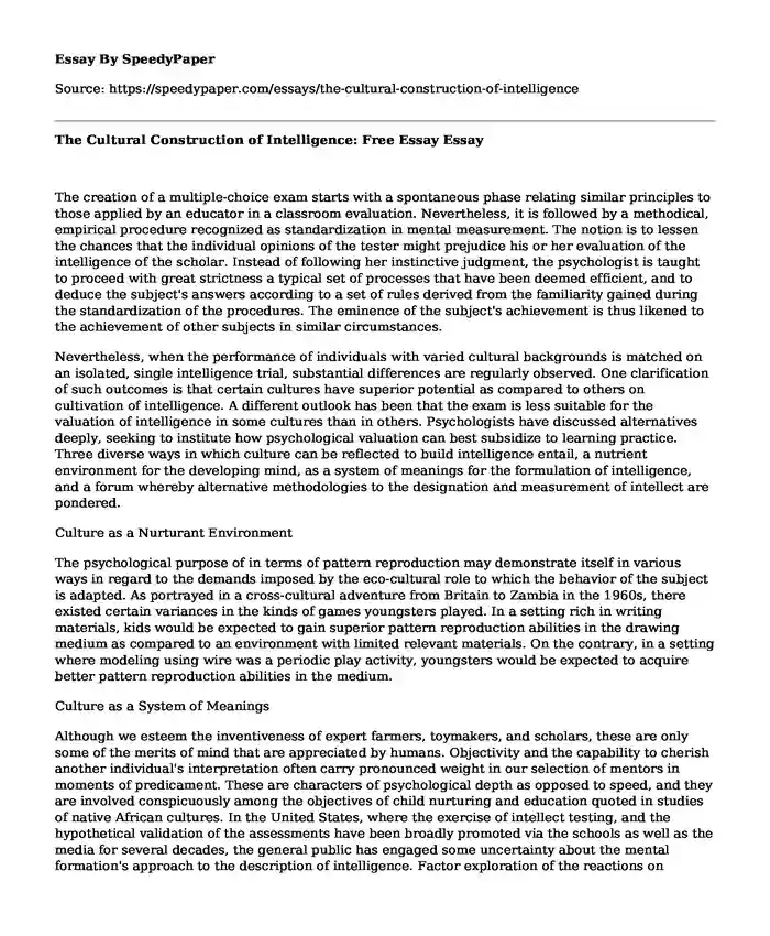 The Cultural Construction of Intelligence: Free Essay