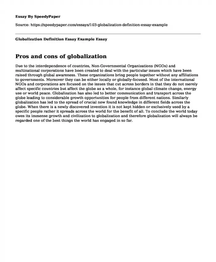 Globalization Definition Essay Example