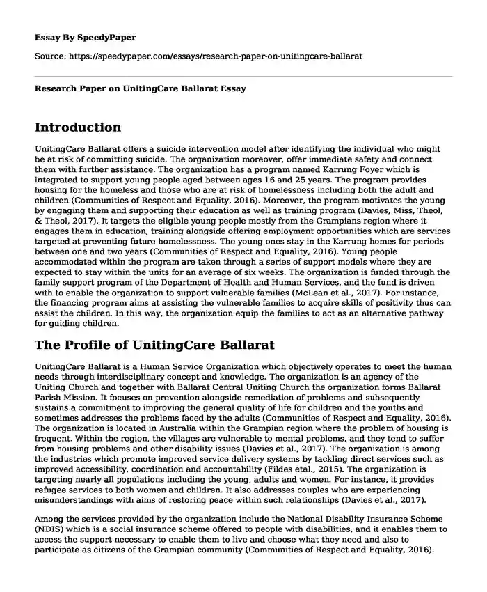 Research Paper on UnitingCare Ballarat
