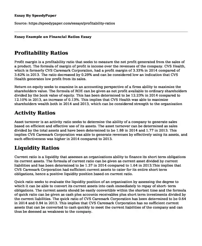 Essay Example on Financial Ratios