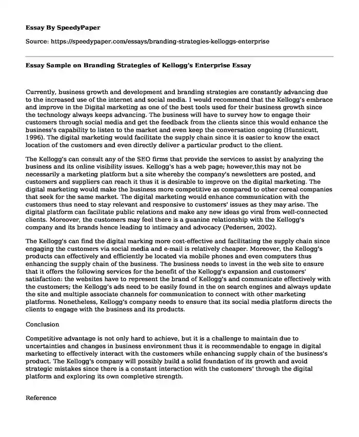 Essay Sample on Branding Strategies of Kellogg's Enterprise