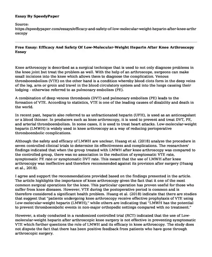 Free Essay: Efficacy And Safety Of Low-Molecular-Weight Heparin After Knee Arthroscopy