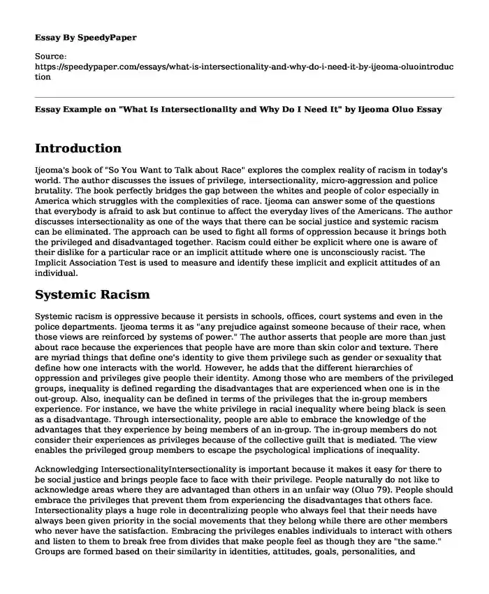 Essay Example on "What Is Intersectionality and Why Do I Need It" by Ijeoma Oluo