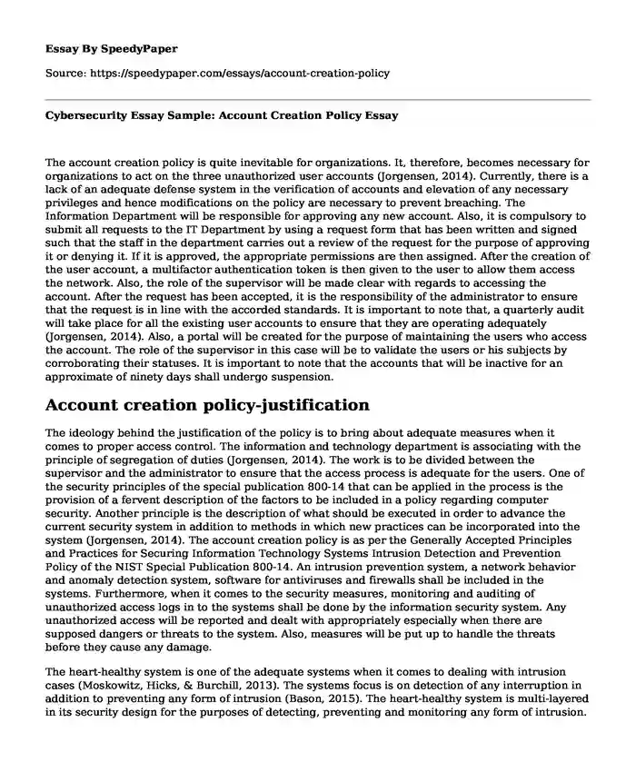 Cybersecurity Essay Sample: Account Creation Policy