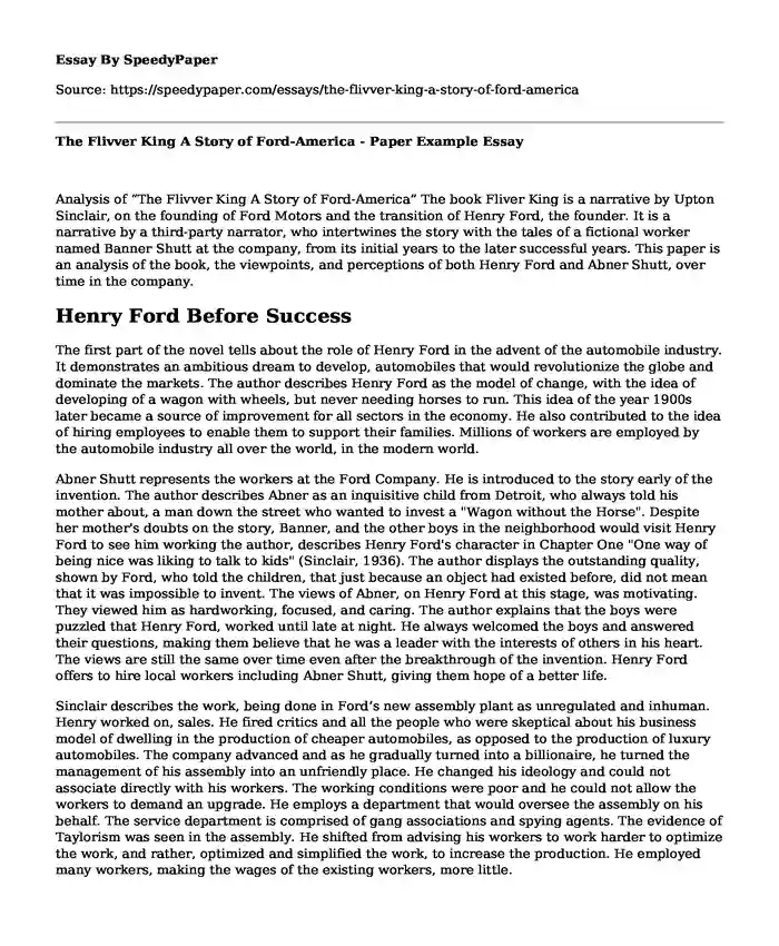 The Flivver King A Story of Ford-America - Paper Example