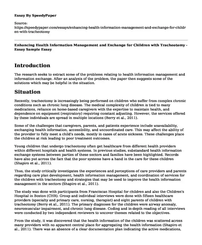 Enhancing Health Information Management and Exchange for Children with Tracheotomy - Essay Sample