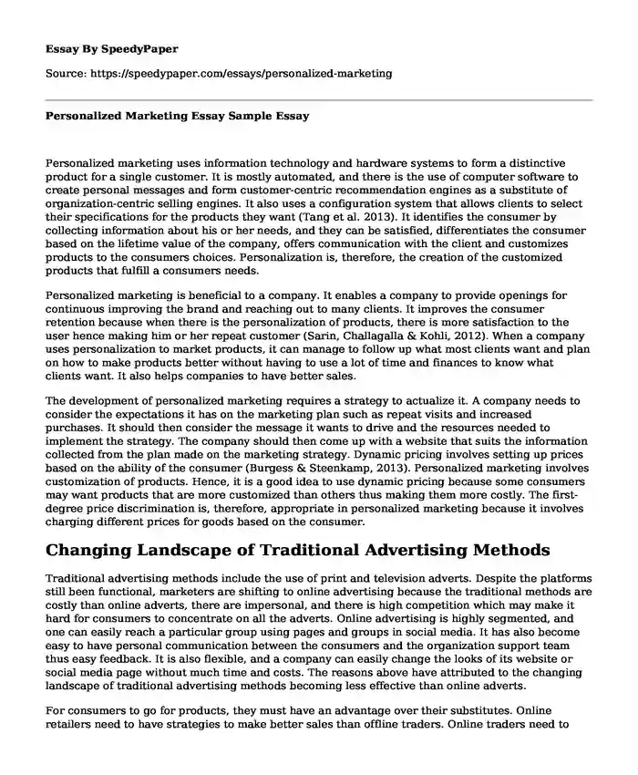Personalized Marketing Essay Sample