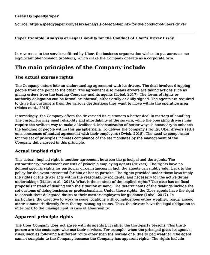 Paper Example: Analysis of Legal Liability for the Conduct of Uber's Driver
