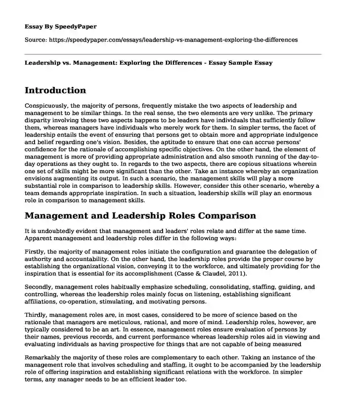 Leadership vs. Management: Exploring the Differences - Essay Sample