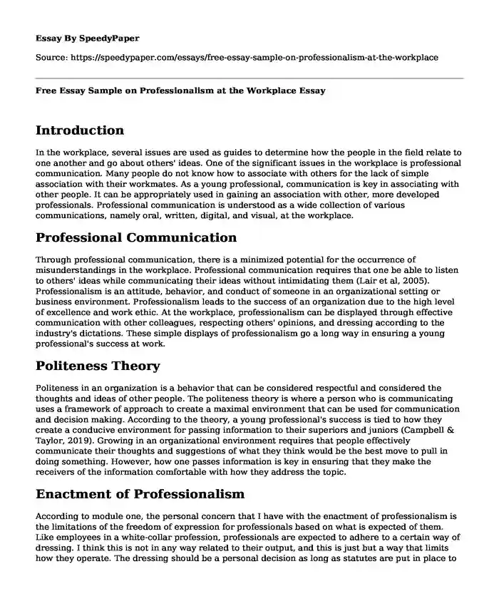 Free Essay Sample on Professionalism at the Workplace