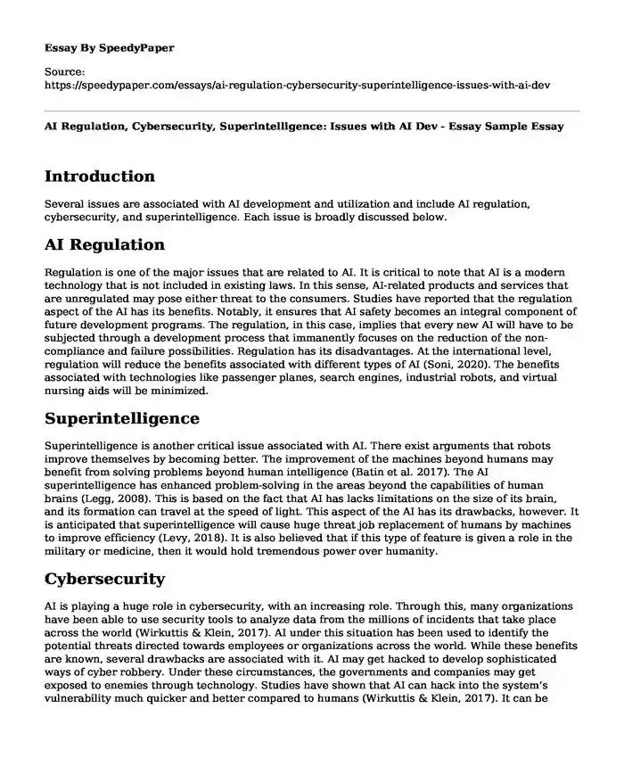 AI Regulation, Cybersecurity, Superintelligence: Issues with AI Dev - Essay Sample