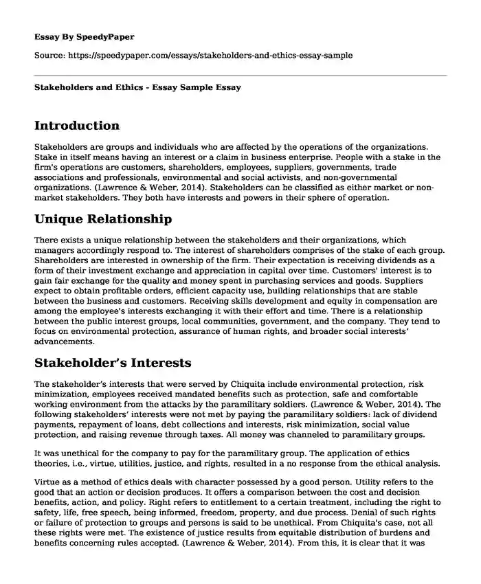 Stakeholders and Ethics - Essay Sample