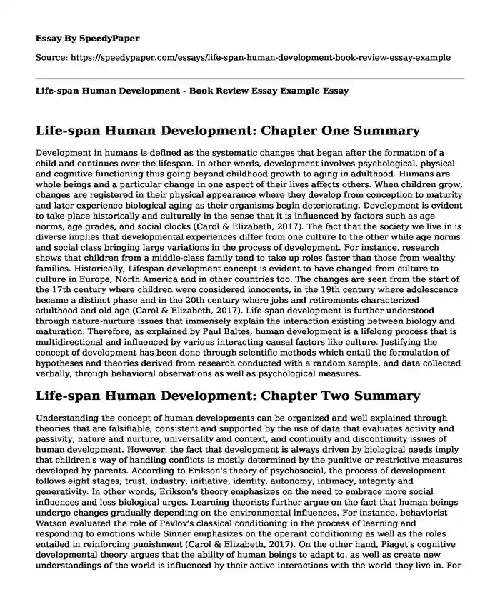 Life-span Human Development - Book Review Essay Example
