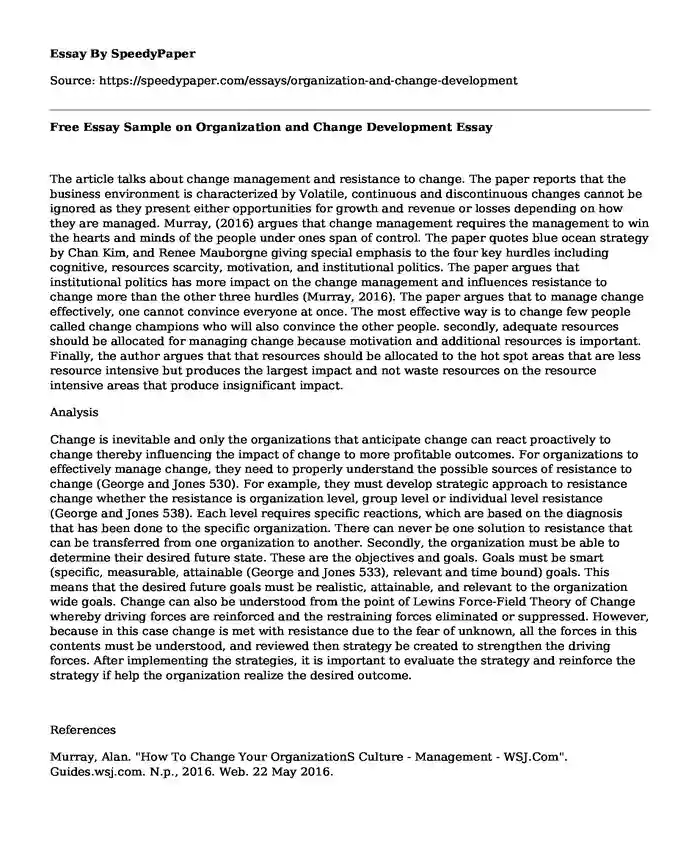 Free Essay Sample on Organization and Change Development