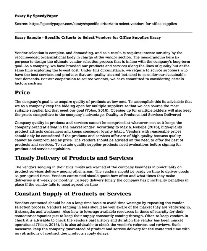 Essay Sample - Specific Criteria to Select Vendors for Office Supplies