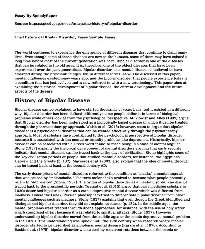The History of Bipolar Disorder, Essay Sample