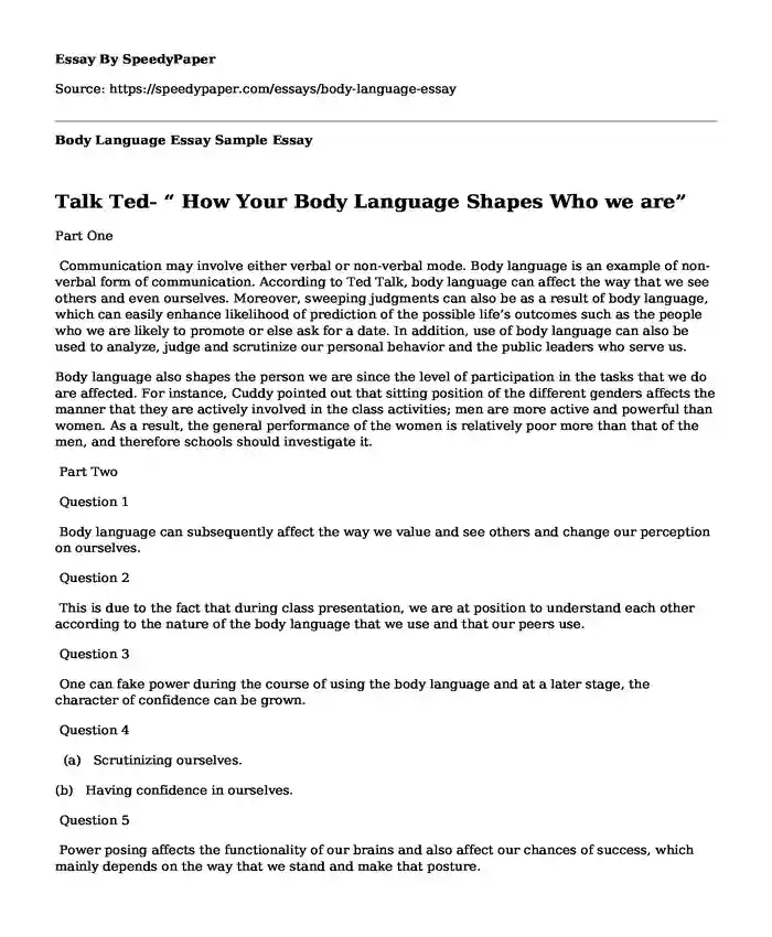 Body Language Essay Sample