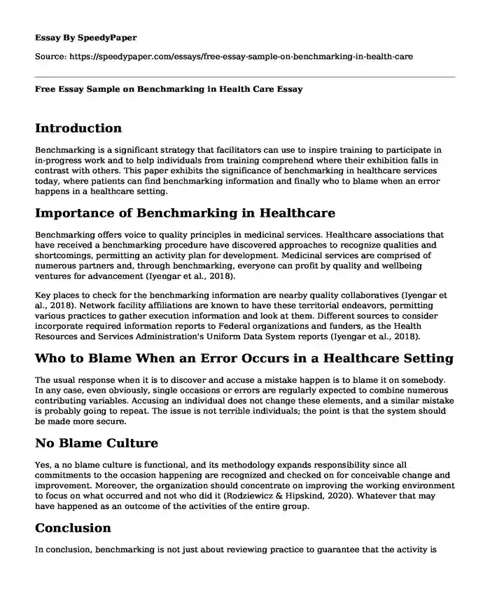 Free Essay Sample on Benchmarking in Health Care