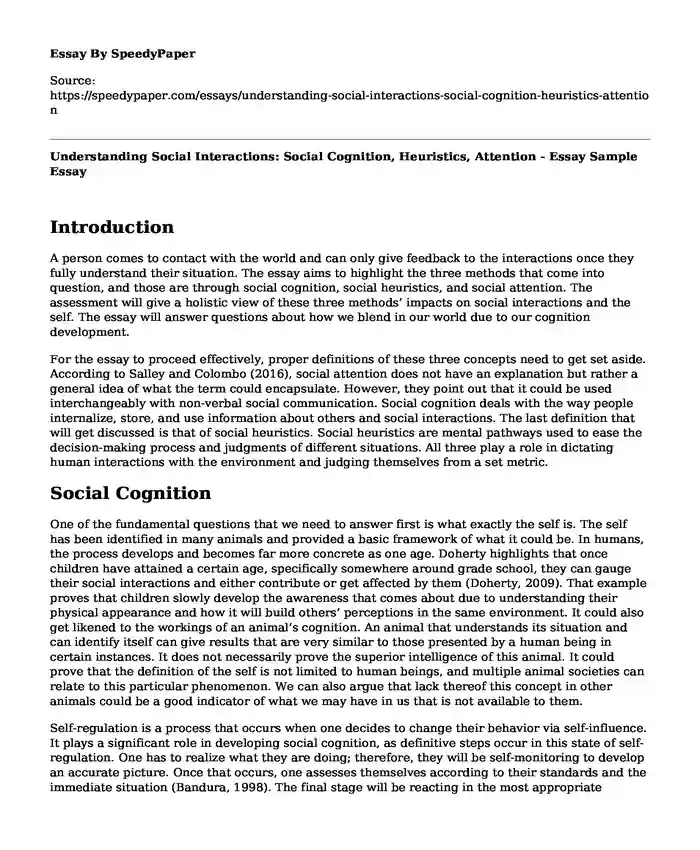 Understanding Social Interactions: Social Cognition, Heuristics, Attention - Essay Sample