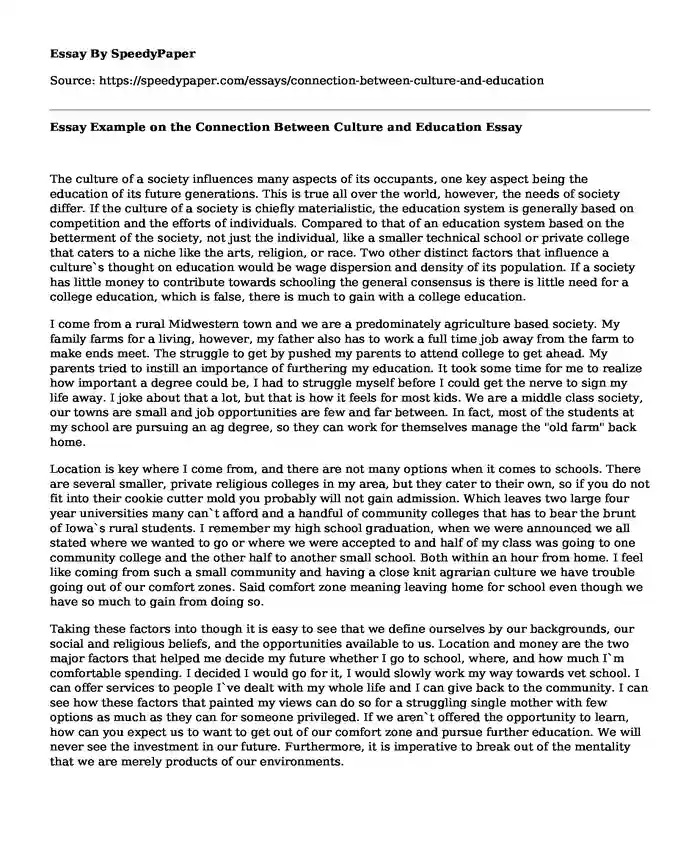 Essay Example on the Connection Between Culture and Education