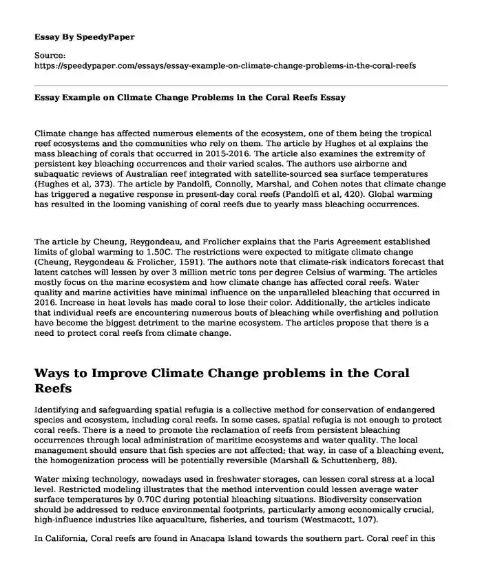 Essay Example on Climate Change Problems in the Coral Reefs