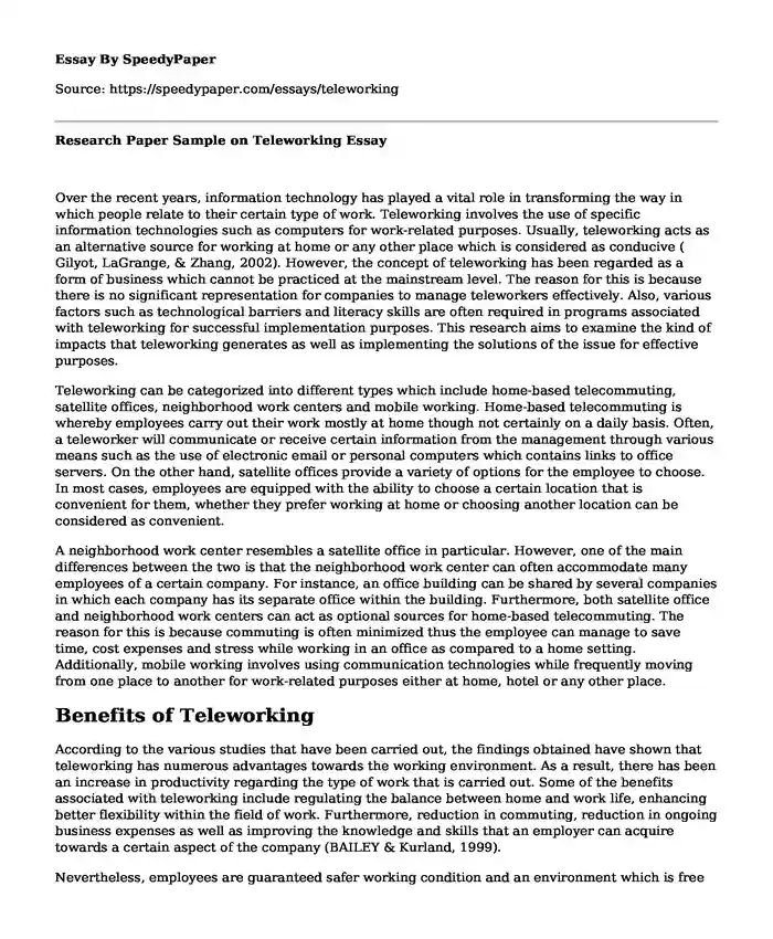 Research Paper Sample on Teleworking