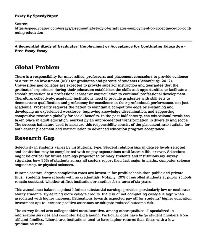 A Sequential Study of Graduates' Employment or Acceptance for Continuing Education - Free Essay