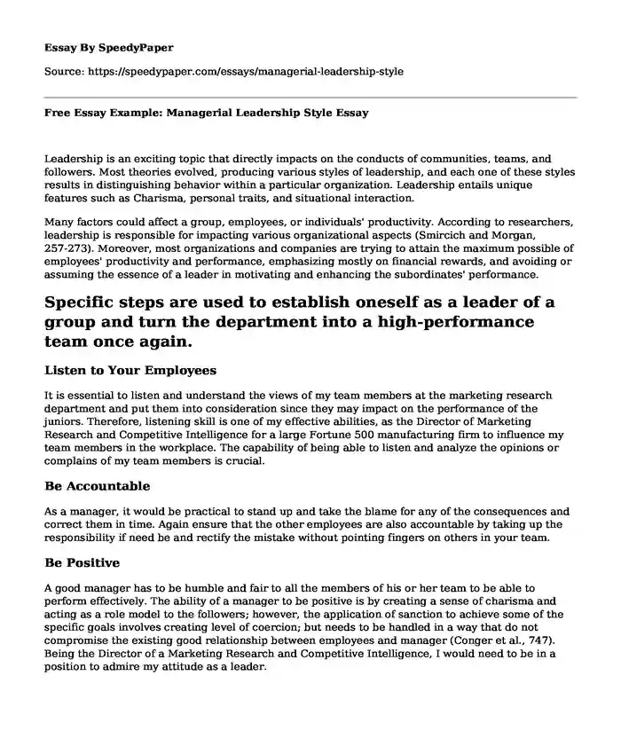 Free Essay Example: Managerial Leadership Style