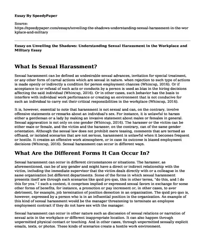 Essay on Unveiling the Shadows: Understanding Sexual Harassment in the Workplace and Military