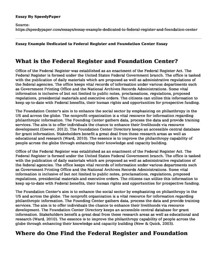 Essay Example Dedicated to Federal Register and Foundation Center