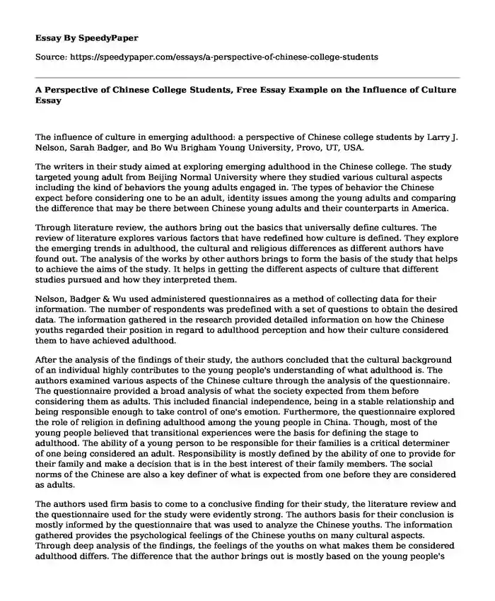 A Perspective of Chinese College Students, Free Essay Example on the Influence of Culture