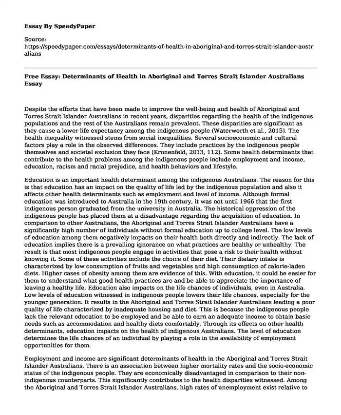 Free Essay: Determinants of Health in Aboriginal and Torres Strait Islander Australians