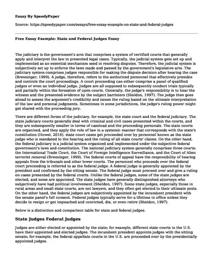 Free Essay Example: State and Federal Judges