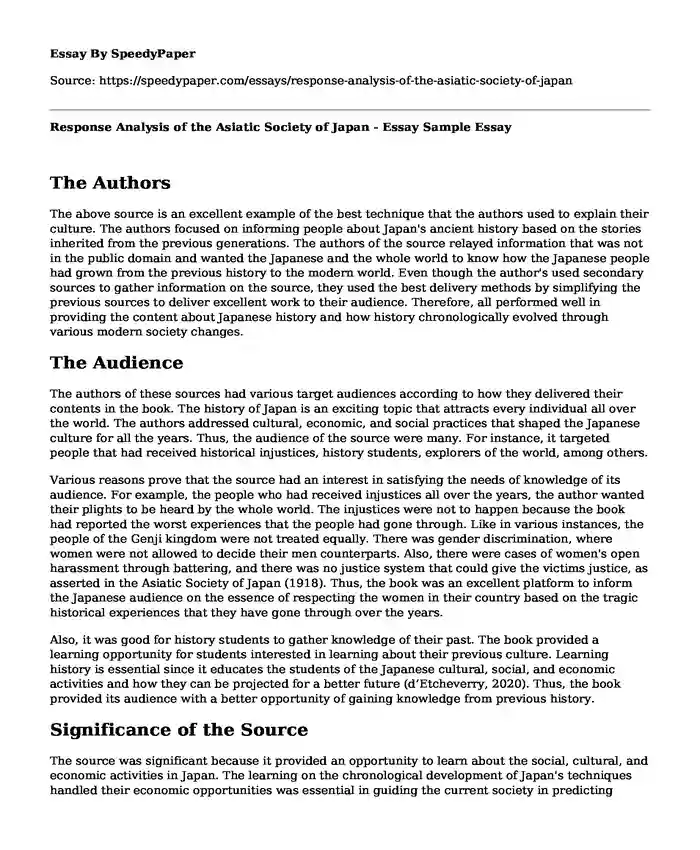 Response Analysis of the Asiatic Society of Japan - Essay Sample
