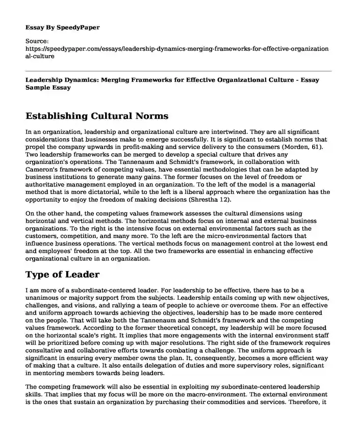 Leadership Dynamics: Merging Frameworks for Effective Organizational Culture - Essay Sample