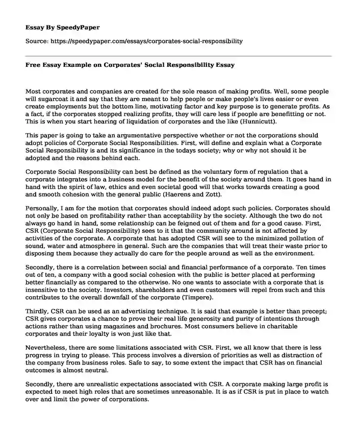 Free Essay Example on Corporates' Social Responsibility