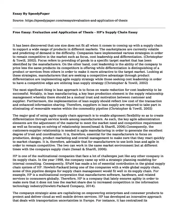 Free Essay: Evaluation and Application of Thesis - HP's Supply Chain